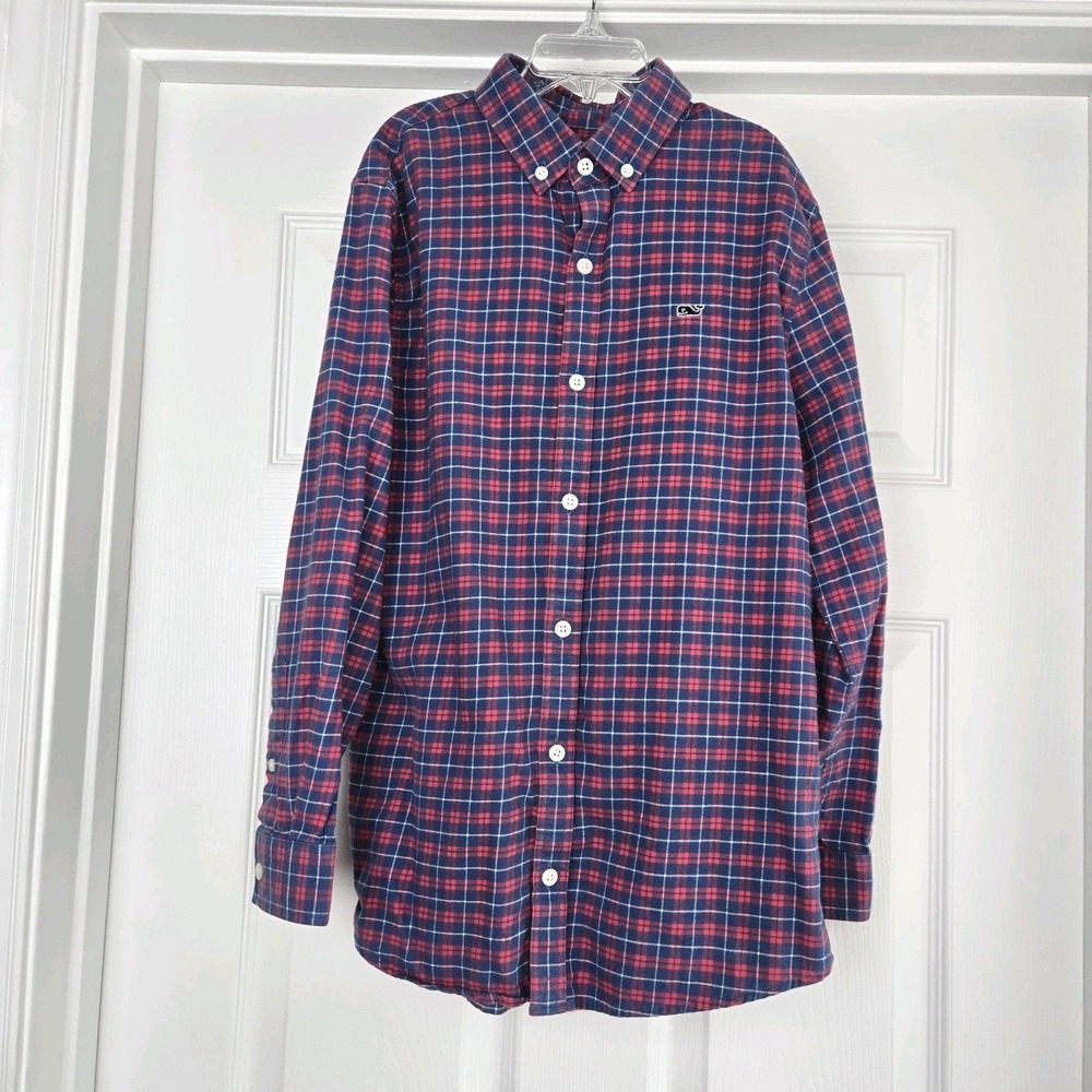 Vineyard Vines Boys Brushed Cotton Plaid Flannel Shirt Size M 12-14‎ Red Blue